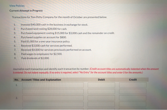  View Policies Current Attempt in Progress Transactions for Tom Petty Company