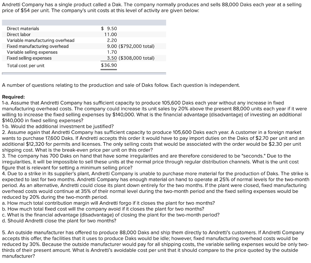 Solution with work would be very helpful. Thank you! Andretti Company