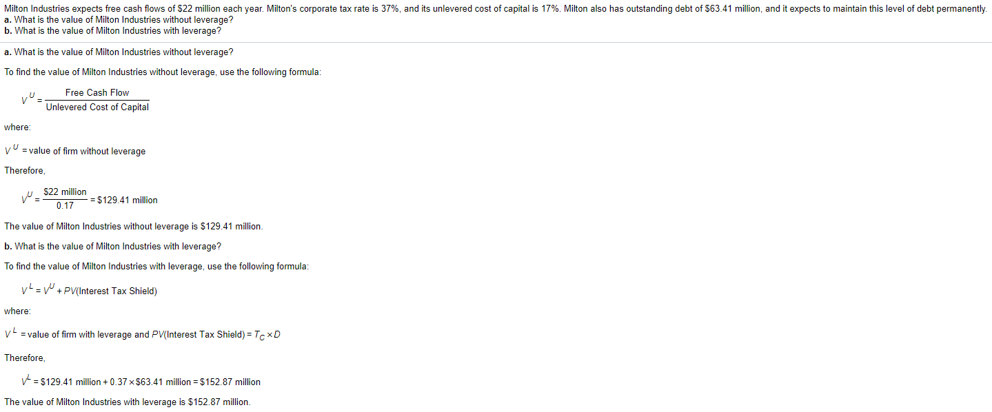 this format. a. What is the value of Milton Industries without leverage?