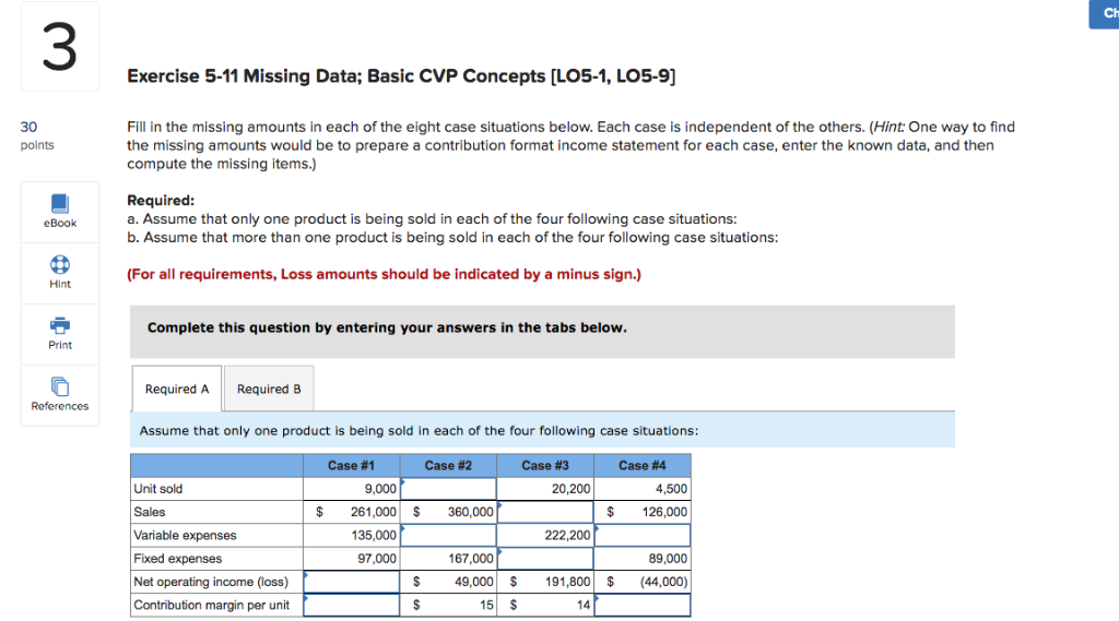  Ch 3 Exercise 5-11 Missing Data; Basic CVP Concepts [LO5-1, LO5-9]