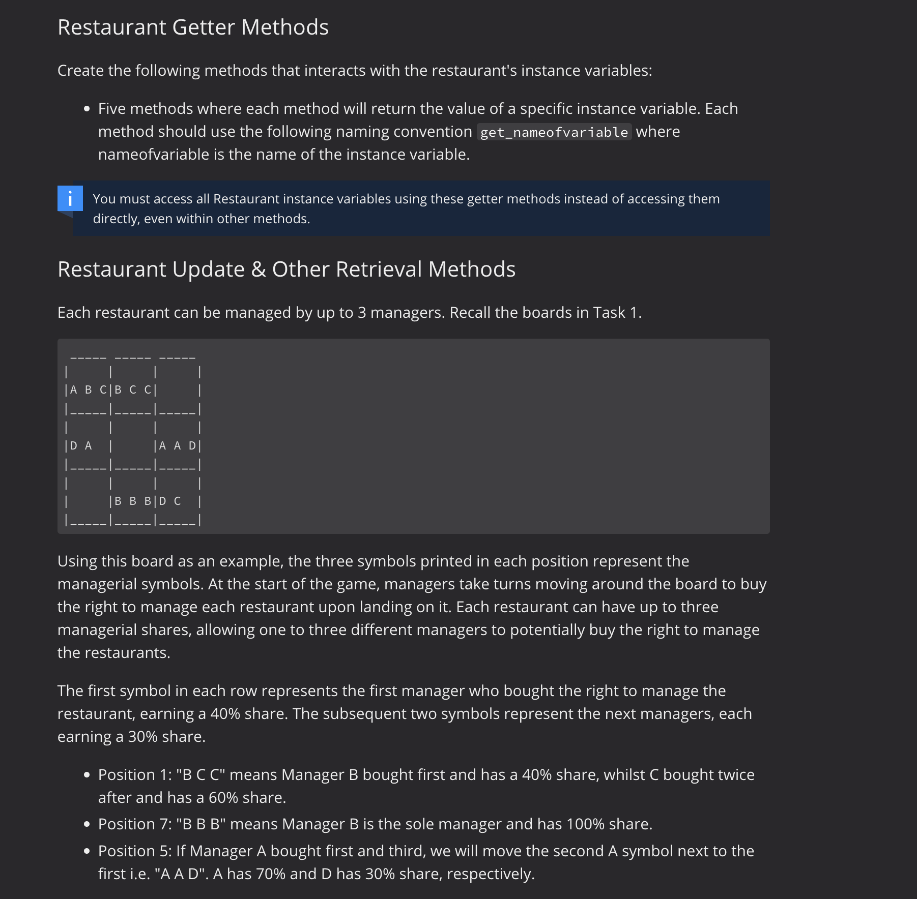 last pic is the given default code. Restaurant Getter Methods Create the
