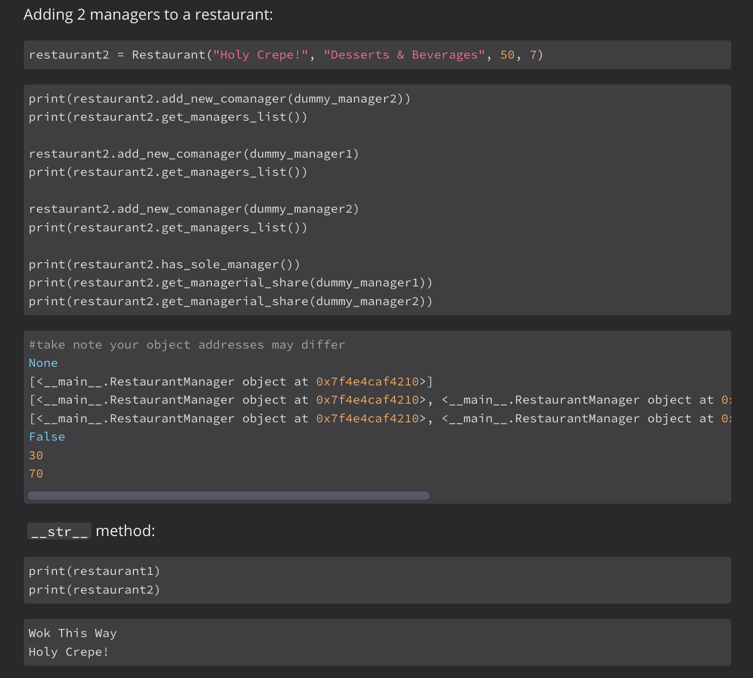 where each method will return the value of a specific instance variable.