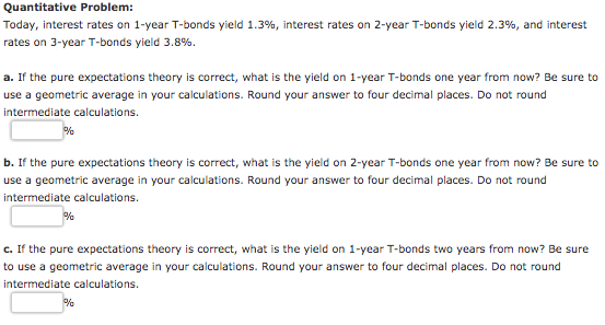 Quantitative Problem: Today, interest rates on 1-year T-bonds yield 1.3%, interest