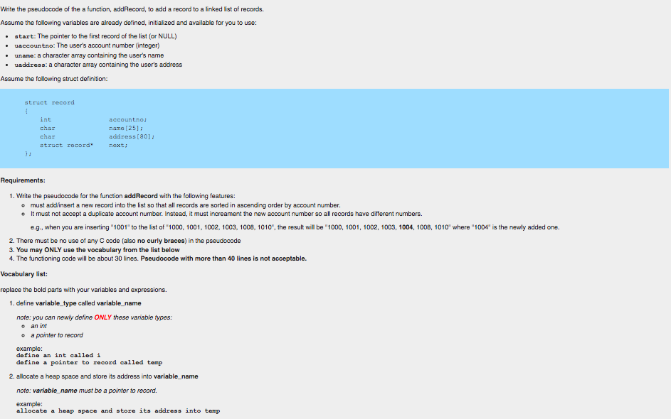  Write the pseudocode of the a function, addRecord, to add a