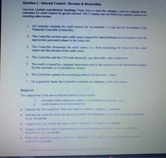  Question 2 - Internal Control - Revenue & Receivables Carvonia Limited