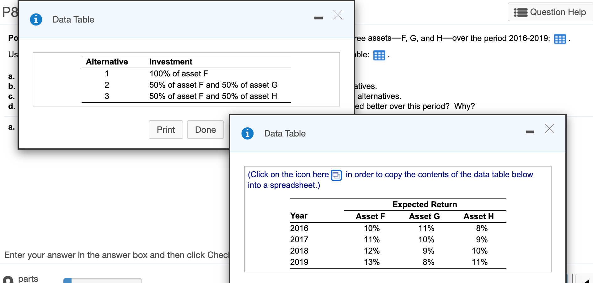 in the first table on three assetsF, G, and H-over the period