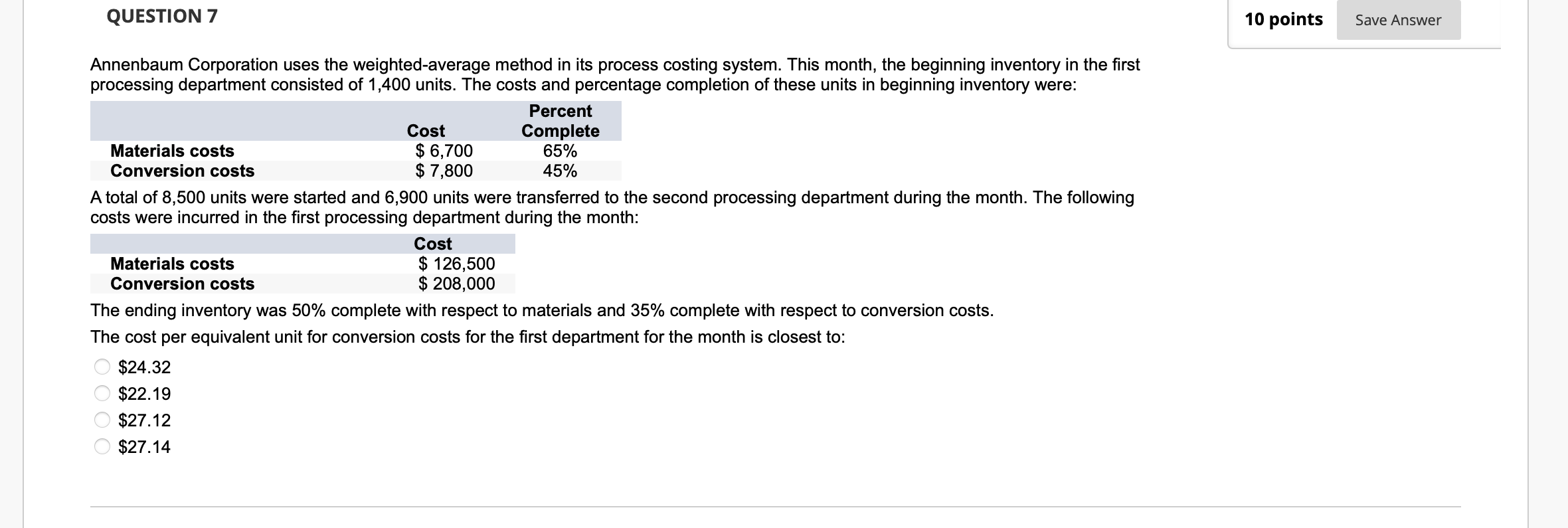 Annenbaum Corporation uses the weighted-average method in its process costing system.