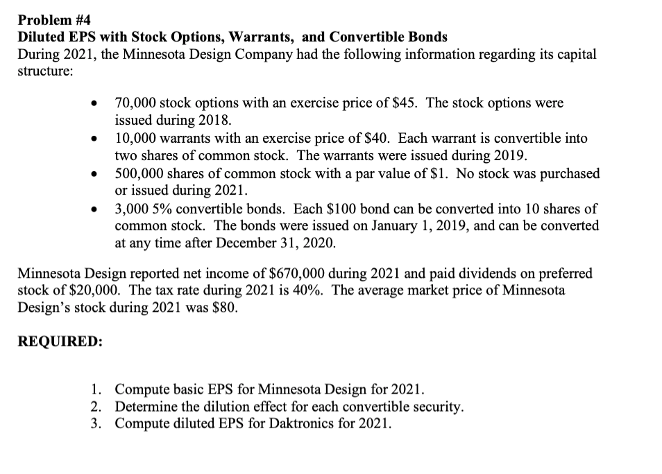 Problem #4 Diluted EPS with Stock Options, Warrants, and Convertible Bonds