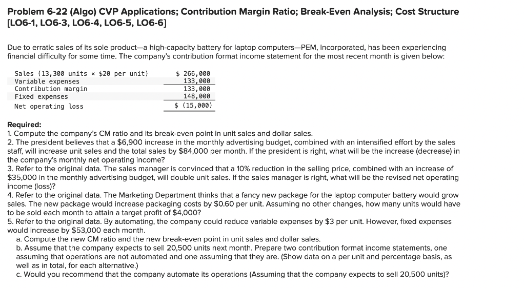 Problem 6-22 (Algo) CVP Applications; Contribution Margin Ratio; Break-Even Analysis; Cost