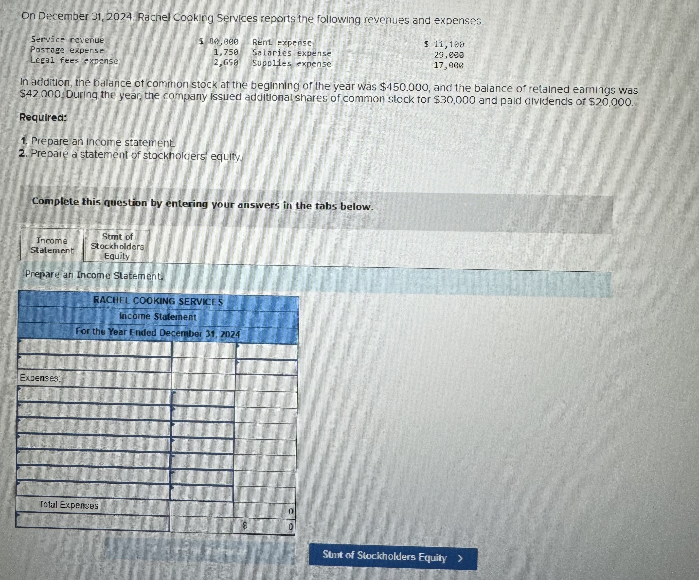  On December 31,2024. Rachel Cooking Services reports the following revenues and