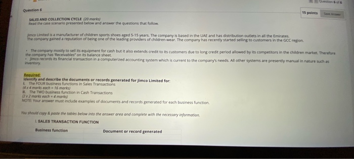  15 points Question SALES AND COLLECTION CYCLE (20 marks) Read the