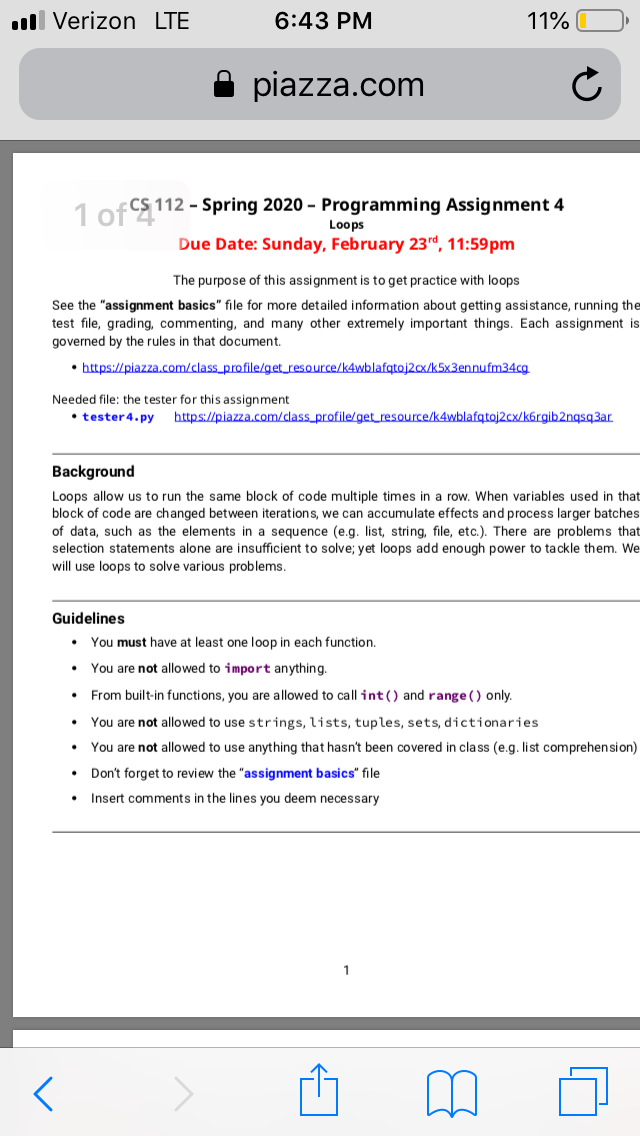 Need Python help ull Verizon LTE 6:43 PM 11% 0 piazza.com 112