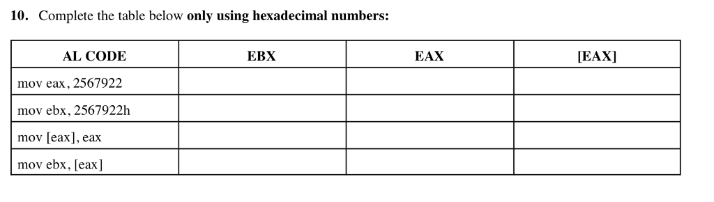  10. Complete the table below only using hexadecimal numbers: AL CODIE