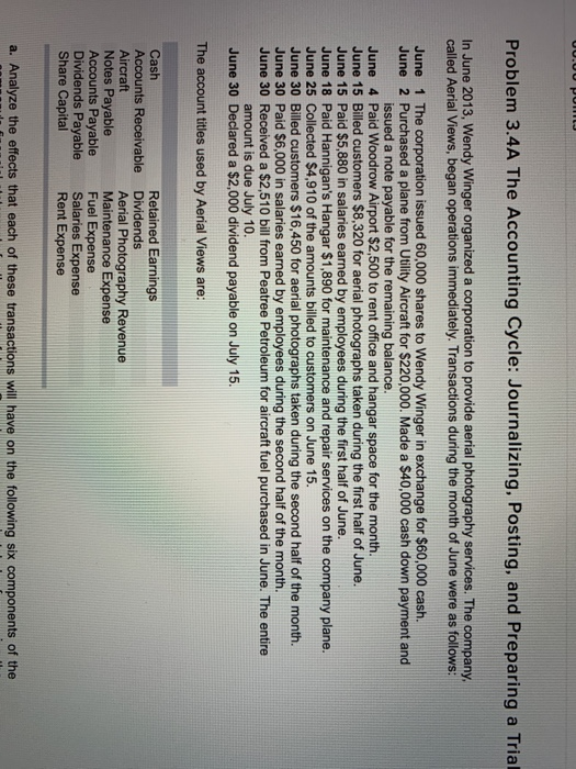  Problem 3.4A The Accounting Cycle: Journalizing, Posting, and Preparing a Trial