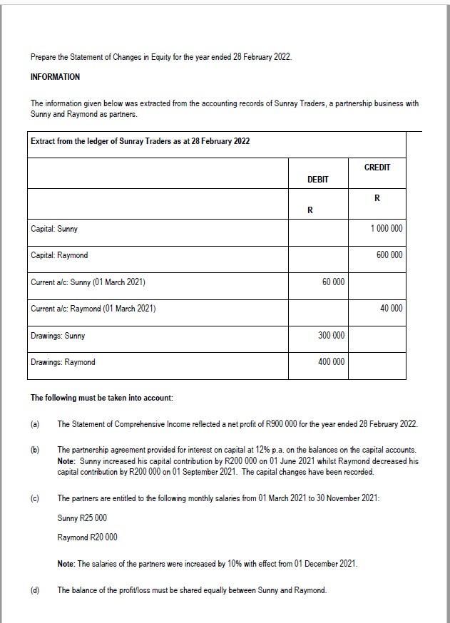 Prepare the Statement of Changes in Equity for the year ended
