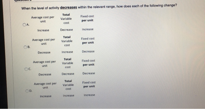  When the level of activity decreases within the relevant range, how