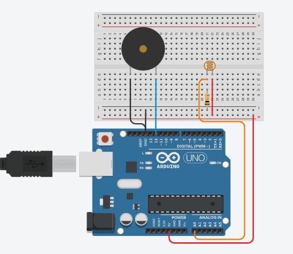  CODE: #define BUZZER 12 #define PHOTORESISTOR A0 int PSensorValue=0; int Threshold=900;
