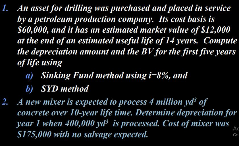 MANUAL SOLUTION PLS! NO TO EXCEL 1. An asset for drilling