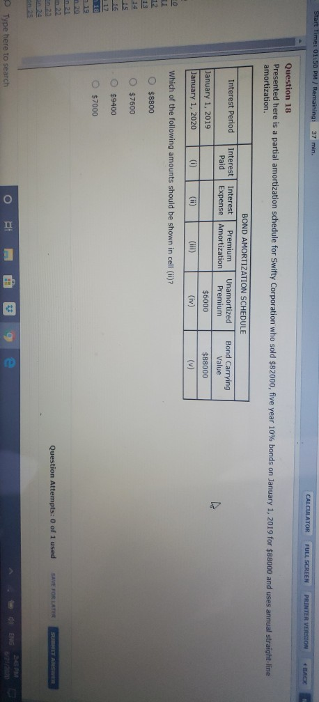Start Time: 01150 PM / Remaining: 37 min. CALCULATOR FULL SCREEN