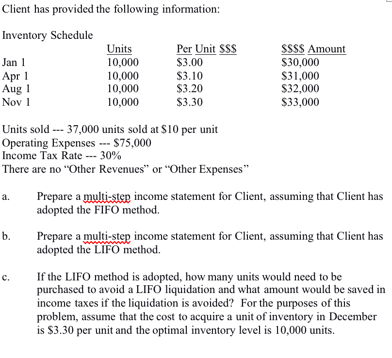  Client has provided the following information: Inventory Schedule Jan 1 Apr