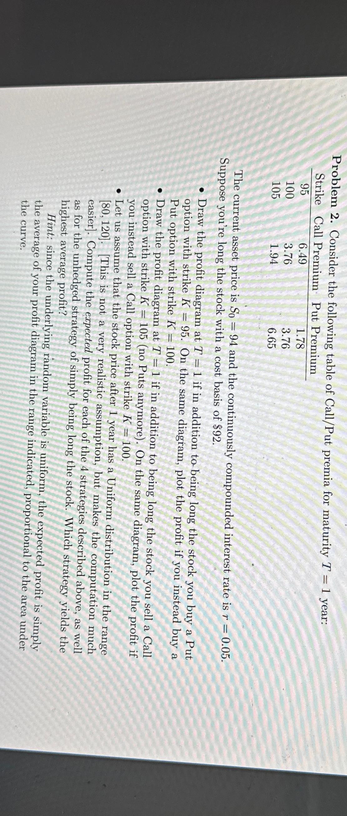  Problem 2. Consider the following table of Call/Put premia for maturity