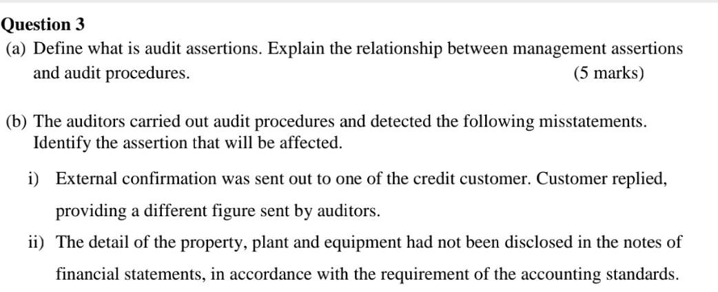  this question is under course auditing and assurance Question 3 (a)