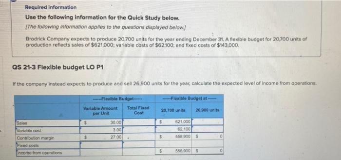  Required information Use the following information for the Quick Study below.