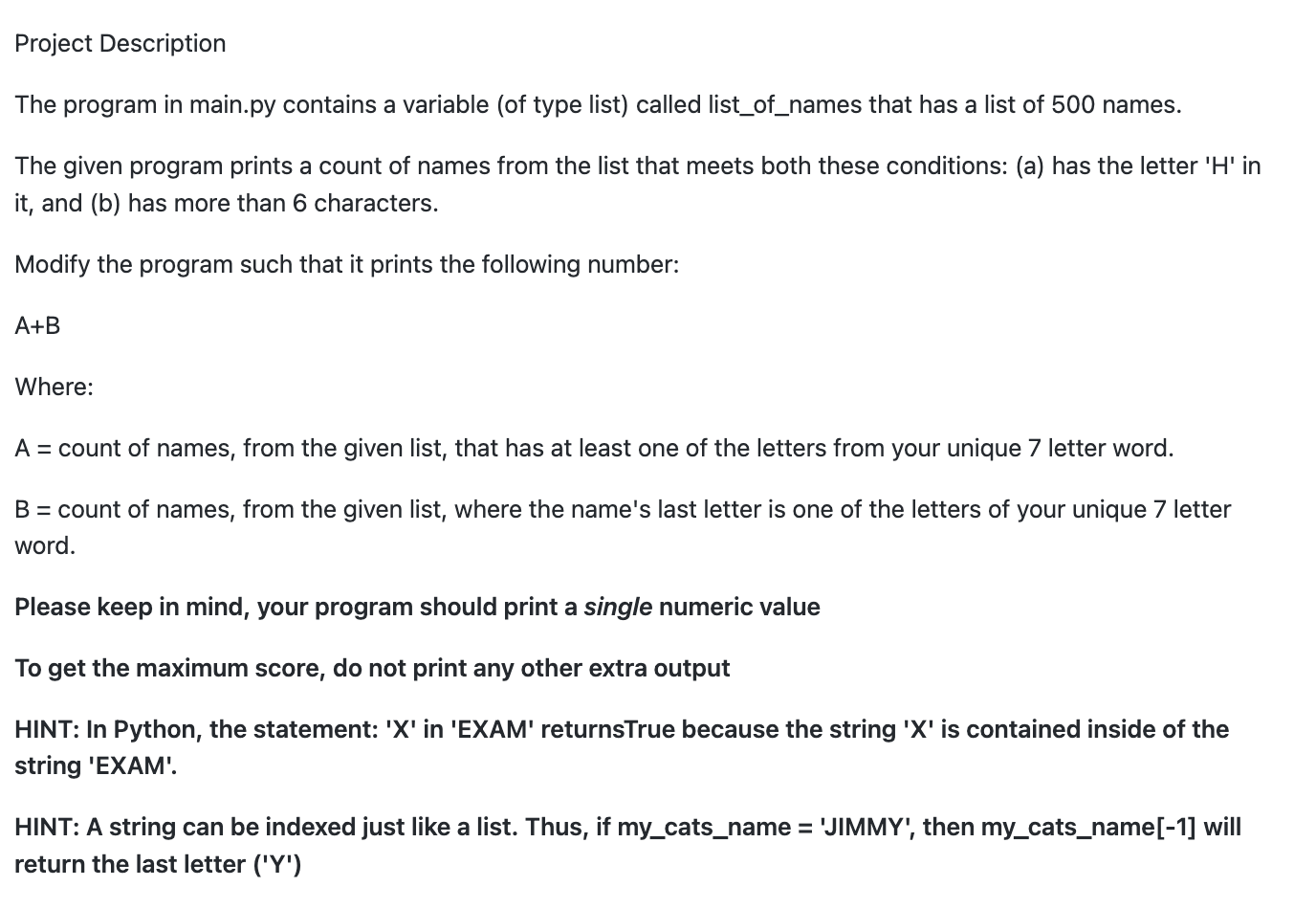  Project Description The program in main.py contains a variable (of type