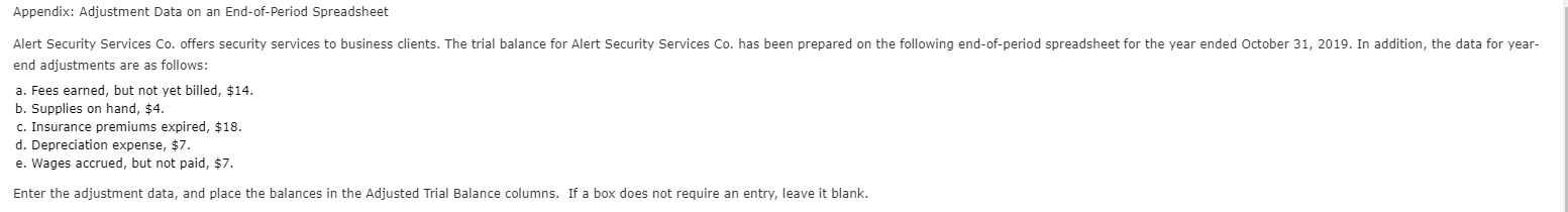  Appendix: Adjustment Data on an End-of-Period Spreadsheet Alert Security Services Co.