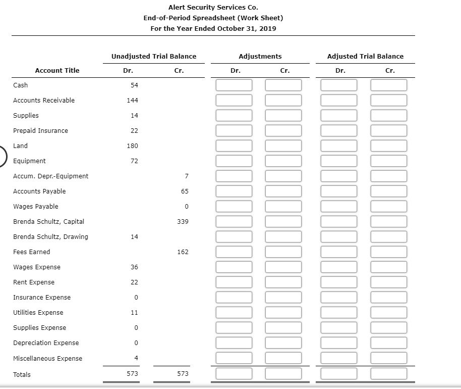 offers security services to business clients. The trial balance for Alert Security