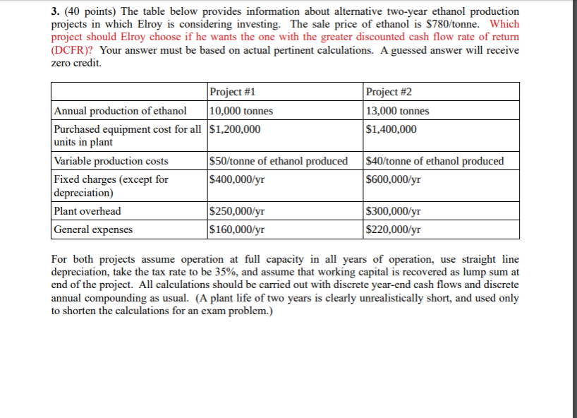 The table below provides information about alternative two-year ethanol production projects in