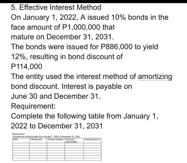  5. Effective Interest Method On January 1, 2022, A issued 10%