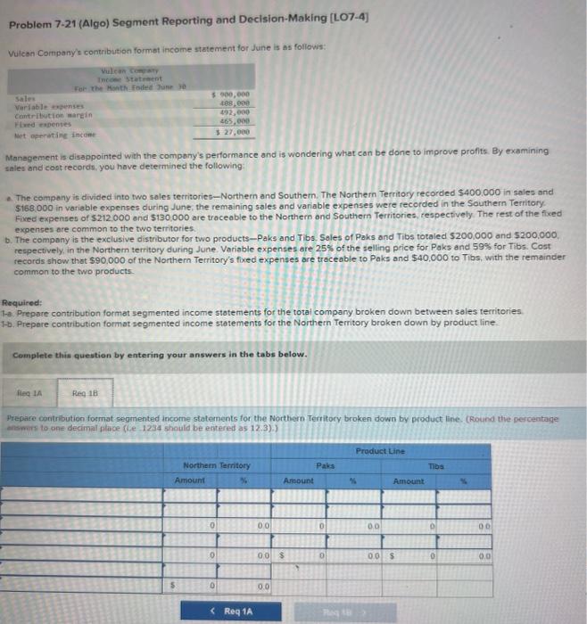 help please. please show steps Problem 7.21 (Algo) Segment Reporting and Decision-Making