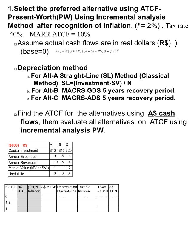  1.Select the preferred alternative using ATCF- Present-Worth(PW) Using Incremental analysis Method