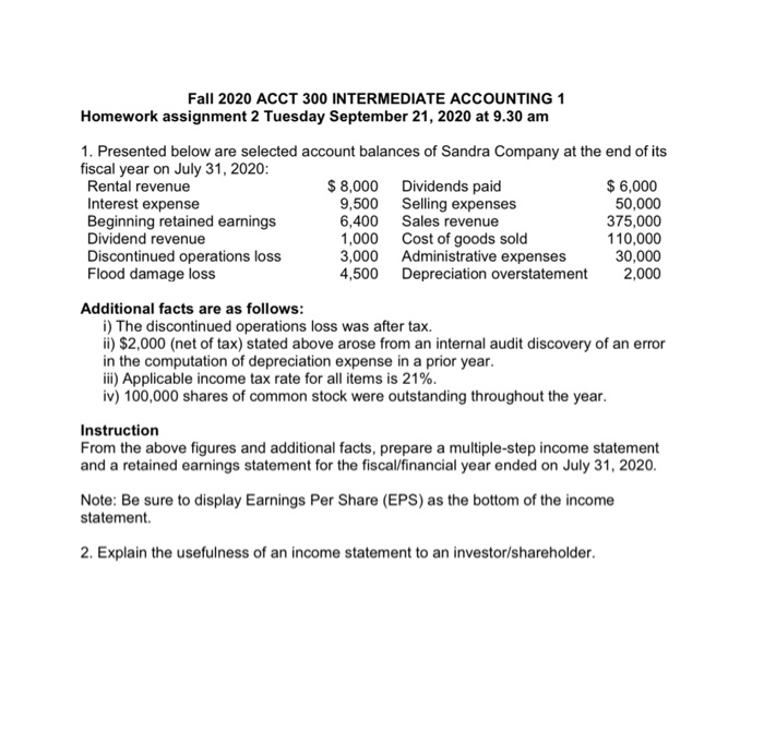  Fall 2020 ACCT 300 INTERMEDIATE ACCOUNTING 1 Homework assignment 2 Tuesday