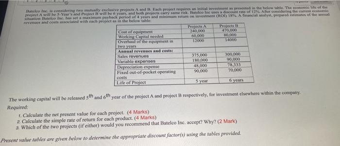  accounting Batelco Inc. is considering two mutually exclusive projects A and