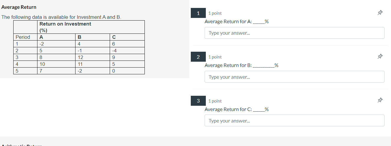 Average Return The following data is available for Investment A and