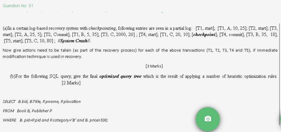  Question No: 01 (a)In a certain log-based recovery system with checkpointing,