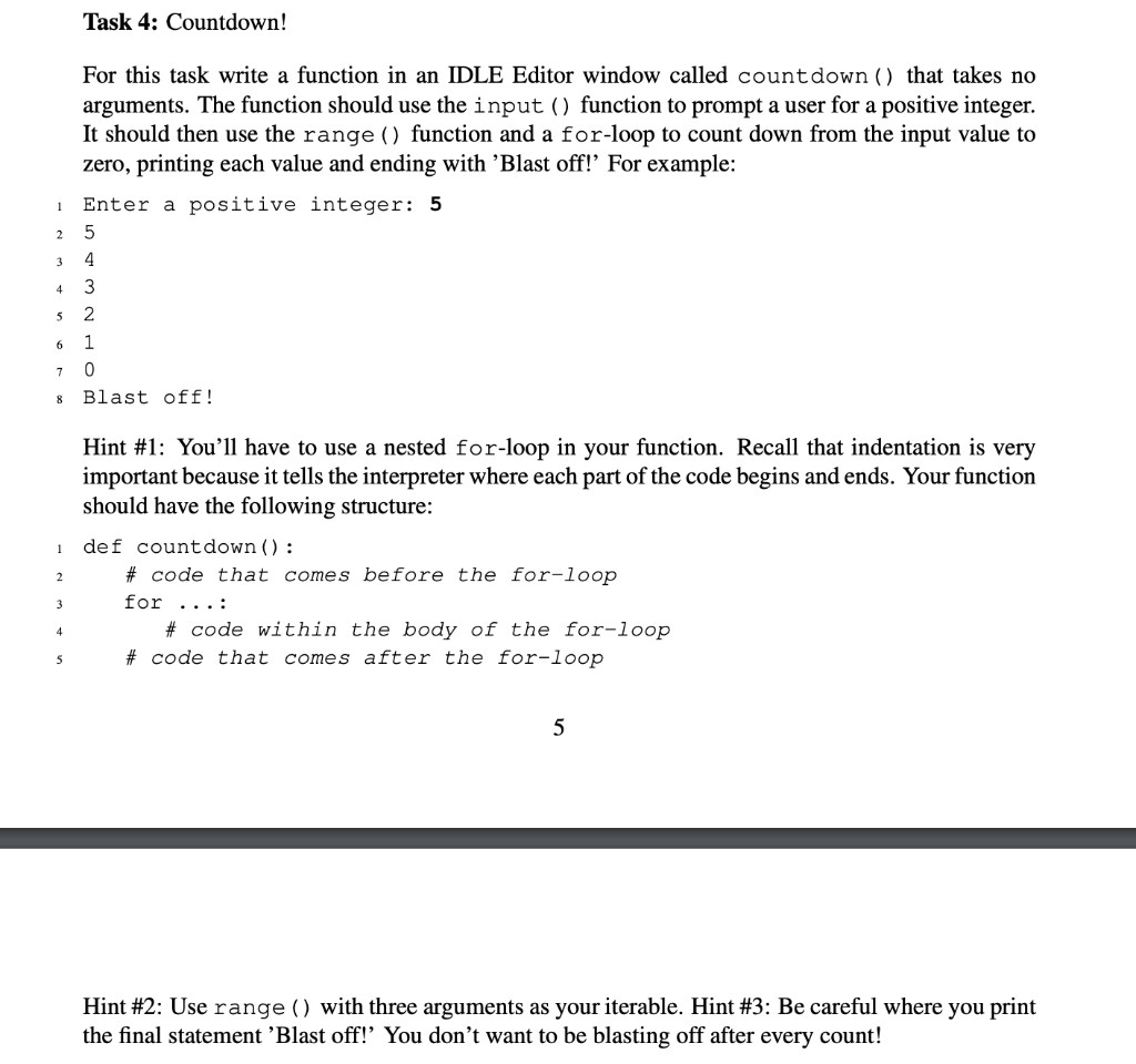 Can someone help me solve this question in Python? Task 4: Countdown!