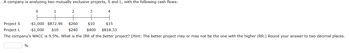 A company is analyzing two mutually exclusive projects, S and L,