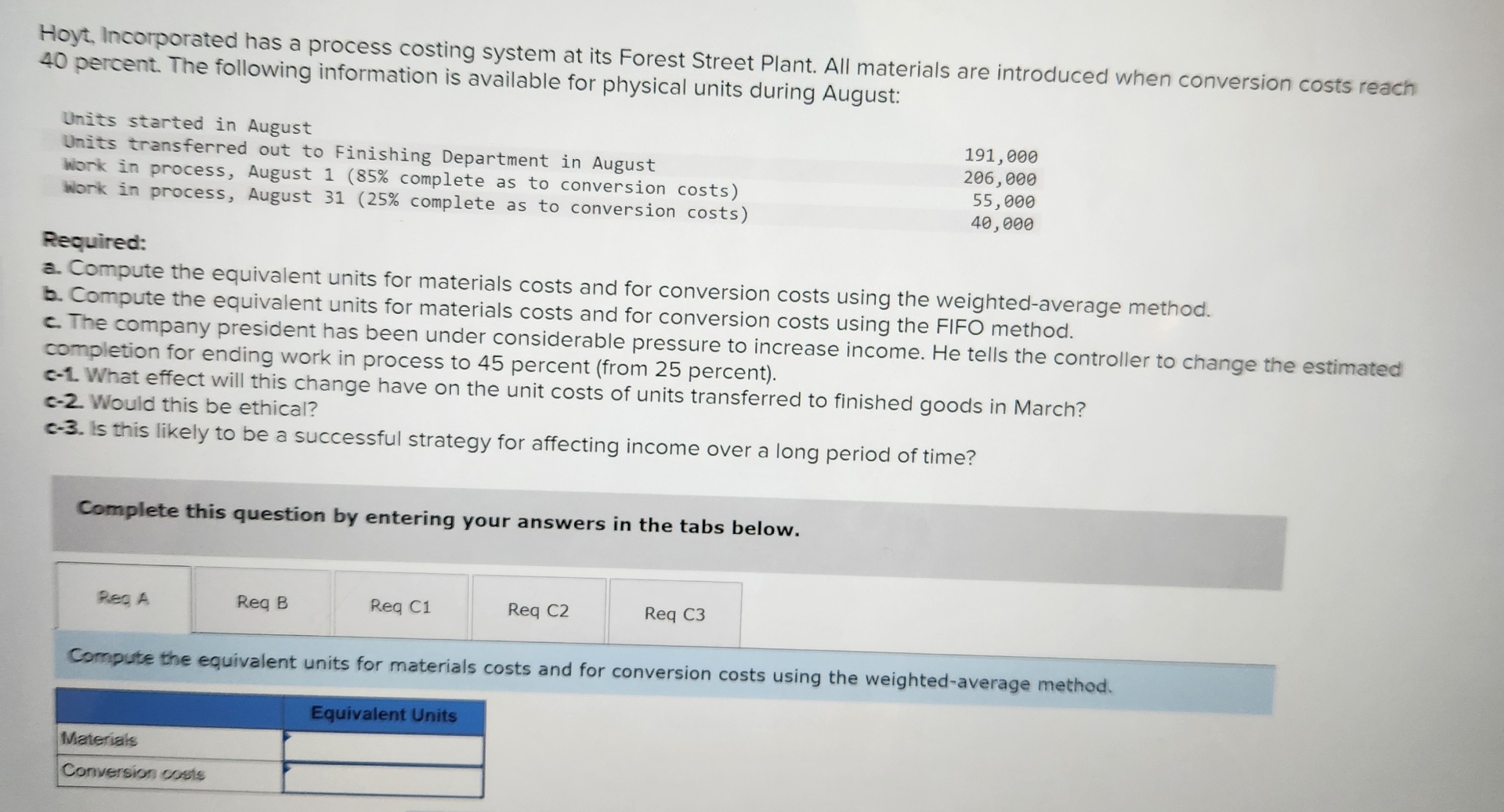  Hoyt, Incorporated has a process costing system at its Forest Street