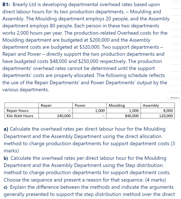 B1: Brearly Ltd is developing departmental overhead rates based upon direct