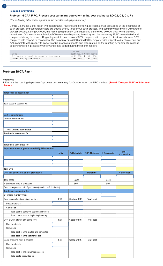  Required information Problem 16-7AA FIFO: Process cost summary, equivalent units, cost