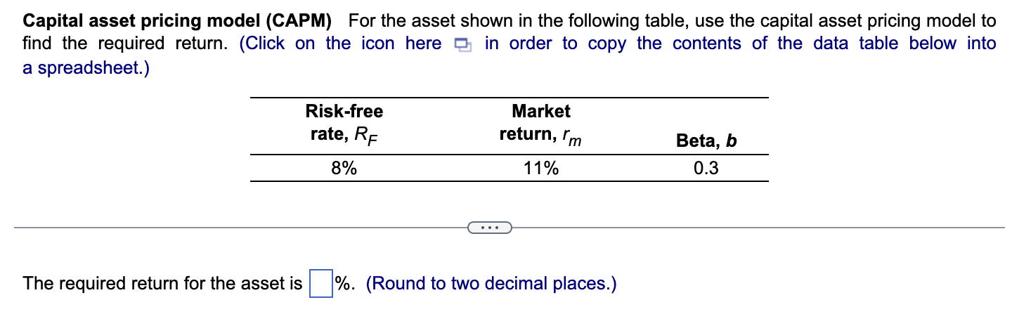  Capital asset pricing model (CAPM) For the asset shown in the