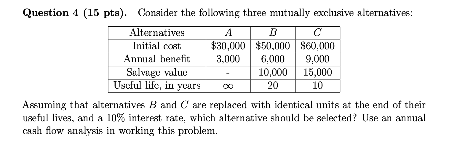 Question 4 (15 pts). Consider the following three mutually exclusive alternatives: