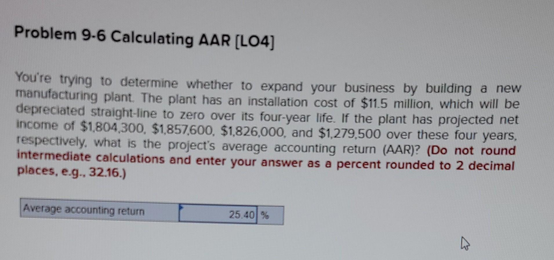  please help me with question Problem 9-6 Calculating AAR [LO4] You're