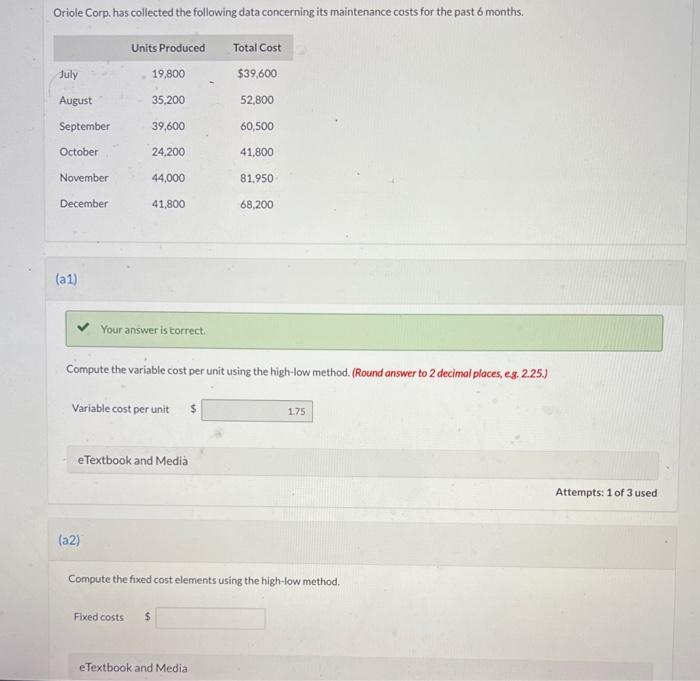  Oriole Corp. has collected the following data concerning its maintenance costs