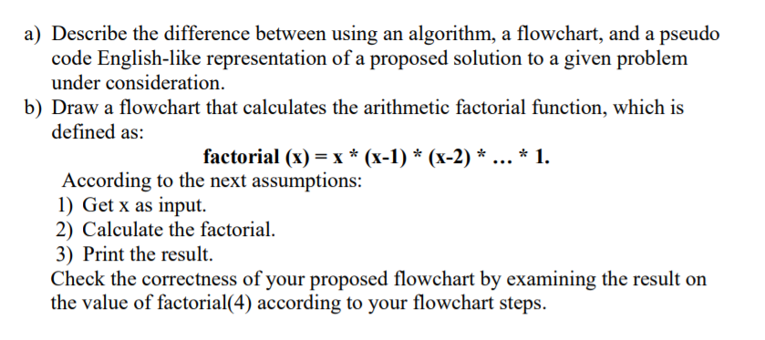 a) Describe the difference between using an algorithm, a flowchart, and