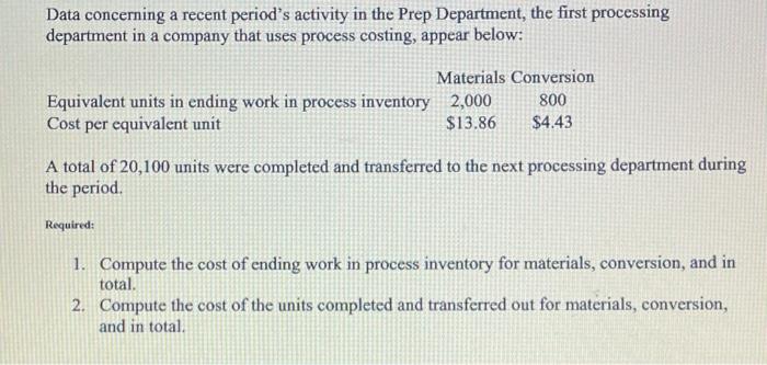  Data concerning a recent period's activity in the Prep Department, the