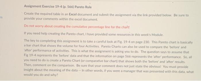  Assignment Exercise 19-4 (p. 566) Pareto Rule Create the required table